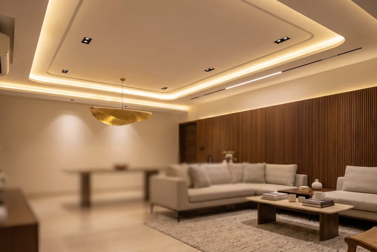 Layered gypsum false ceiling with concealed warm cove lighting over a living room